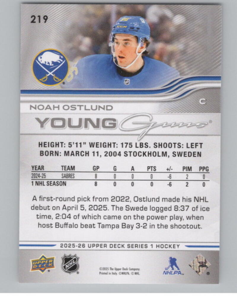 2025-26 Upper Deck #219 Noah Ostlund Young Guns Rookie RC YG V105222 Image 2