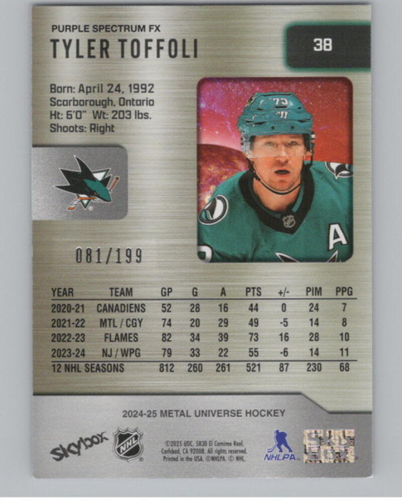 2024-25 Metal Universe Purple Spectrum FX #38 Tyler Toffoli 81/199 V105232 Image 2