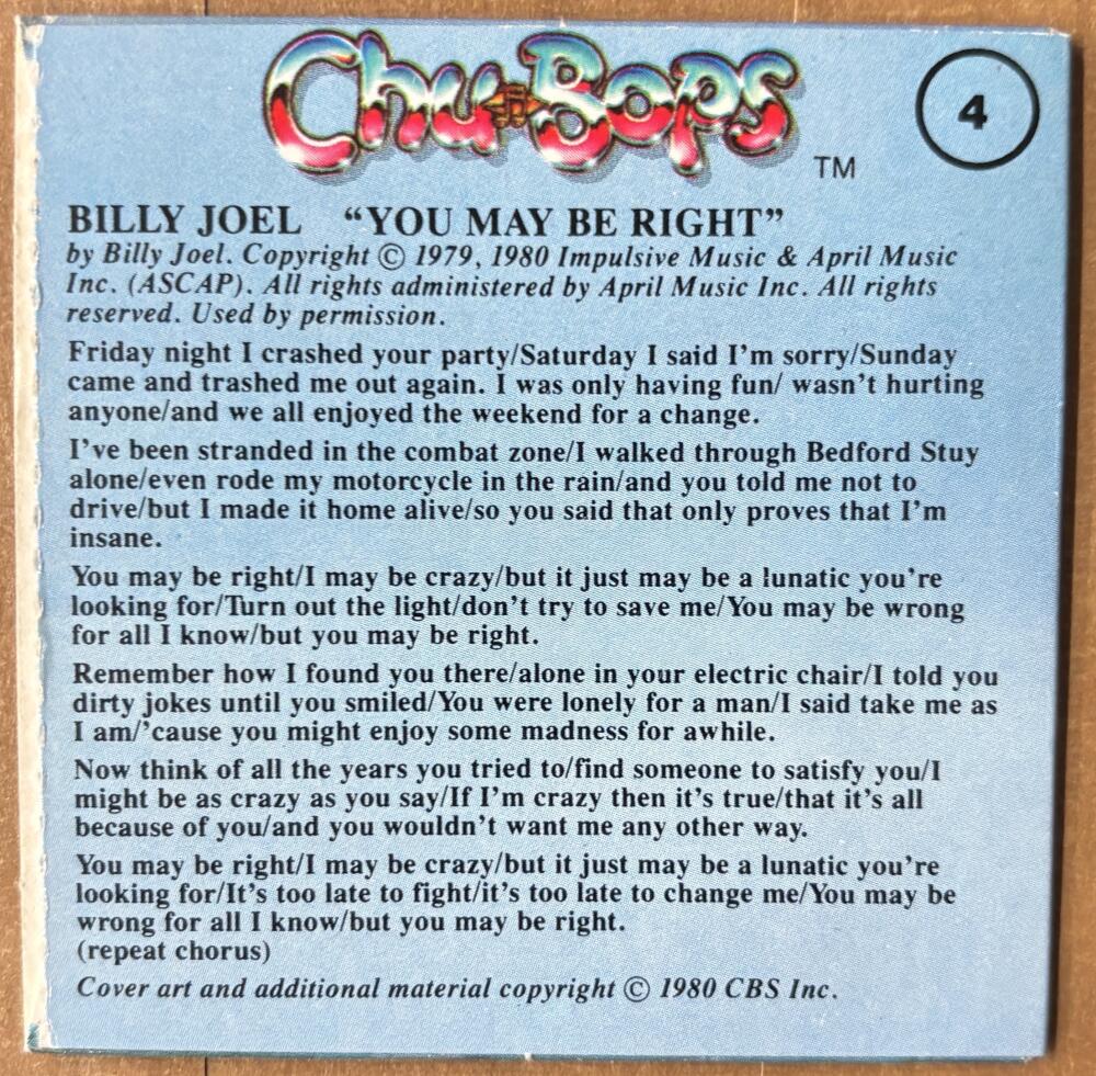 1981-83 Amurol Chu-Bops Vintage 3" Music Album Cover #4 Billy Joel Image 2