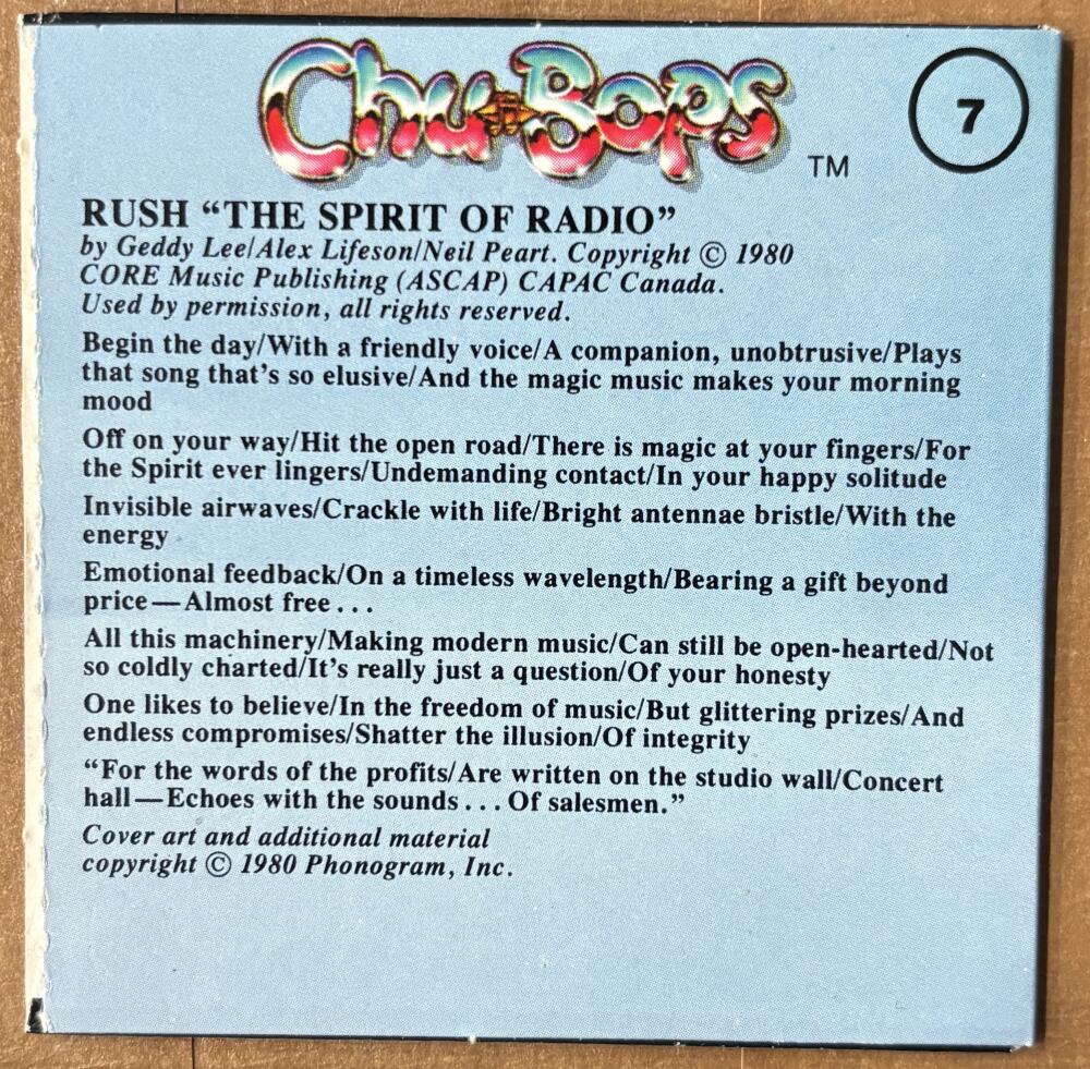 1981-83 Amurol Chu-Bops Vintage 3" Music Album Cover #7 Rush Image 2