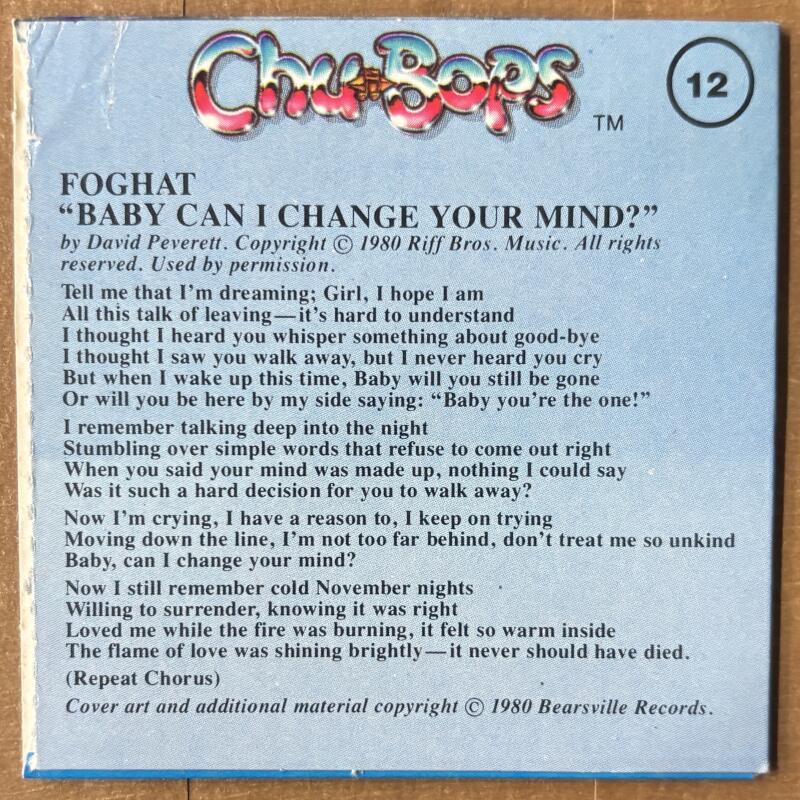 1981-83 Amurol Chu-Bops Vintage 3" Music Album Cover #12 Foghat Image 2
