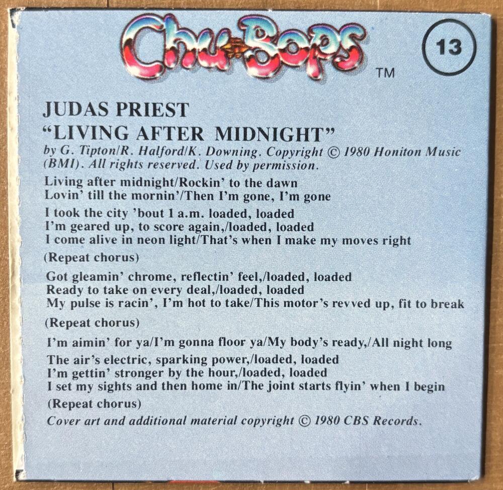 1981-83 Amurol Chu-Bops Vintage 3" Music Album Cover #13 Judas Priest Image 2