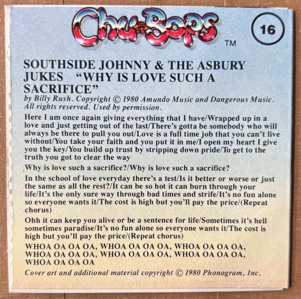 1981-83 Amurol Chu-Bops Vintage 3" Music Album Cover #16  Johnny Asbury Jukes Image 2
