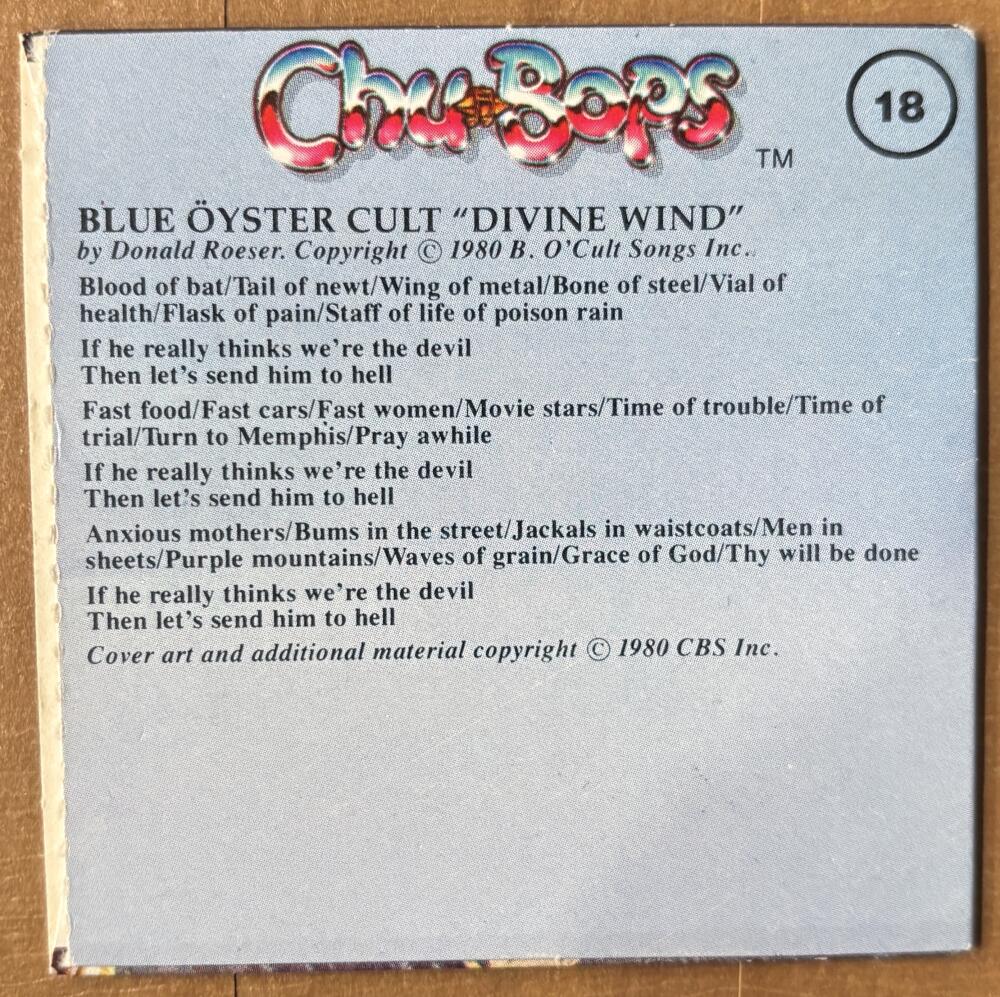 1981-83 Amurol Chu-Bops Vintage 3" Music Album Cover #18 Blue Oyster Cult Image 2