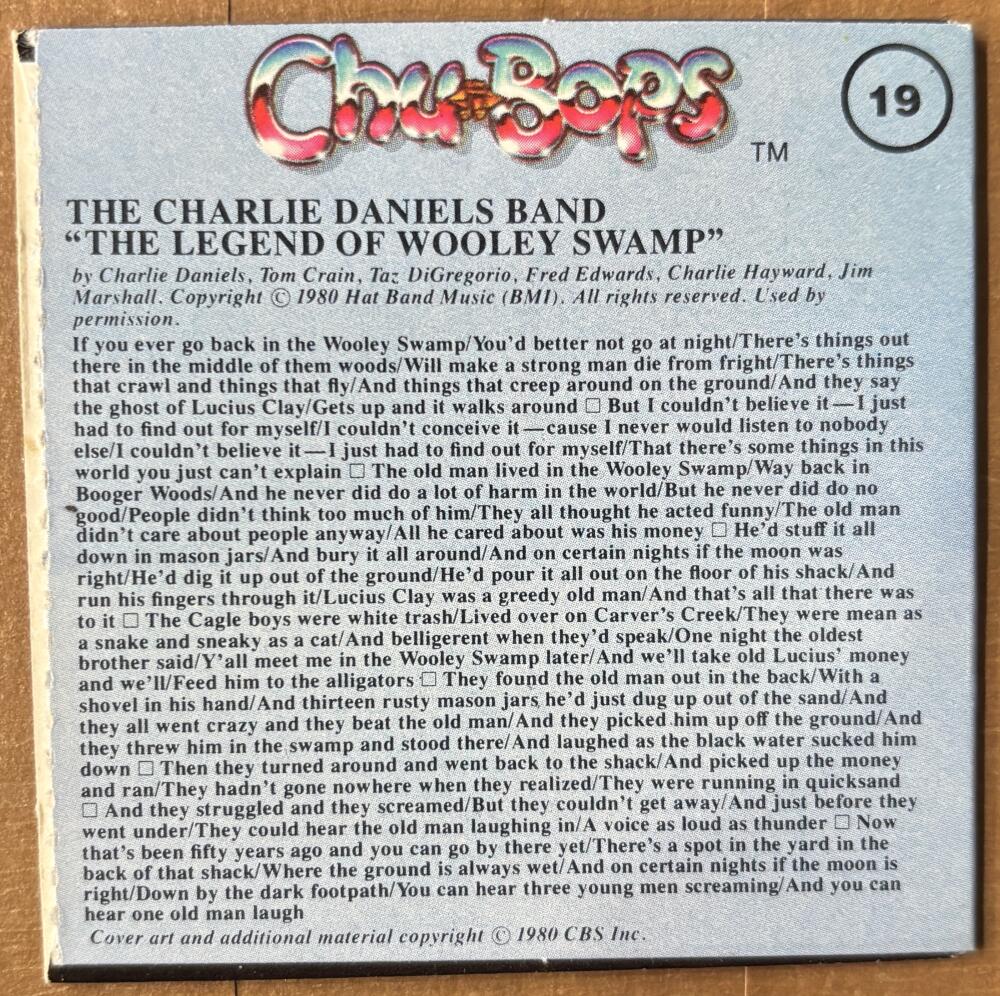 1981-83 Amurol Chu-Bops Vintage 3" Music Album Cover #19 Charlie Daniels Band Image 2