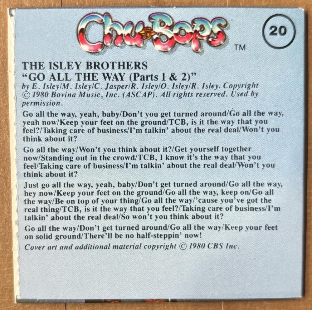 1981-83 Amurol Chu-Bops Vintage 3" Music Album Cover #20 The Isley Brothers Image 2
