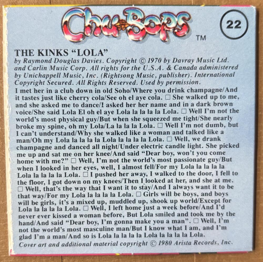 1981-83 Amurol Chu-Bops Vintage 3" Music Album Cover #22 The Kinks Image 2