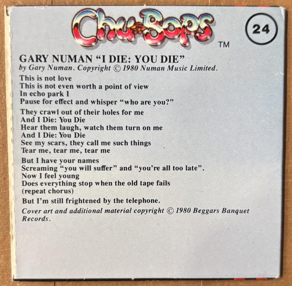 1981-83 Amurol Chu-Bops Vintage 3" Music Album Cover #24 Gary Numan Image 2
