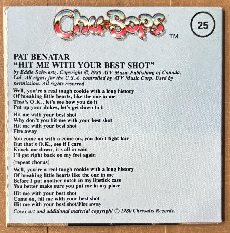 1981-83 Amurol Chu-Bops Vintage 3" Music Album Cover #25 Pat Benatar Image 2