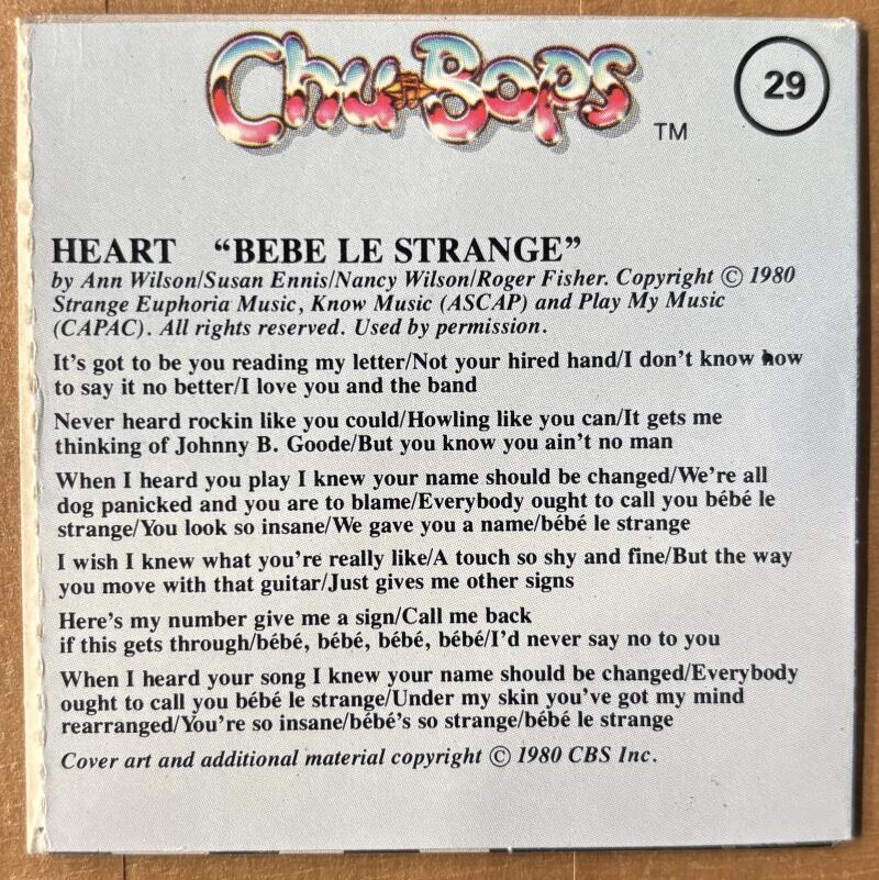 1981-83 Amurol Chu-Bops Vintage 3" Music Album Cover #29 Heart Image 2