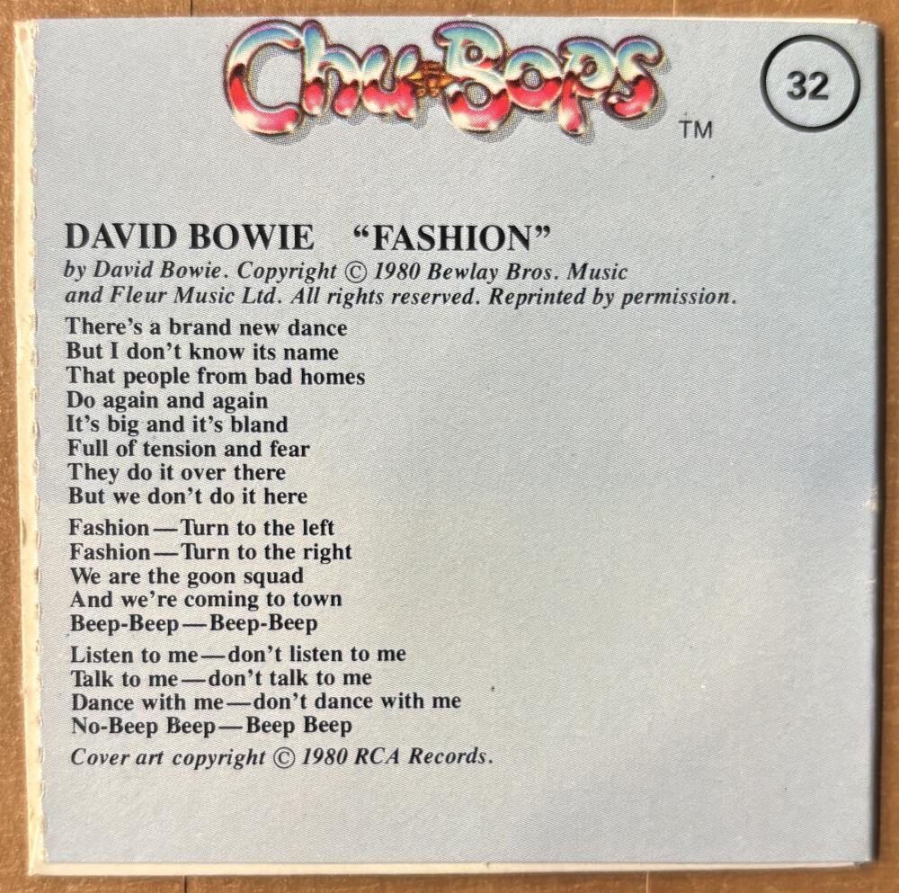 1981-83 Amurol Chu-Bops Vintage 3" Music Album Cover #32 David Bowie Image 2