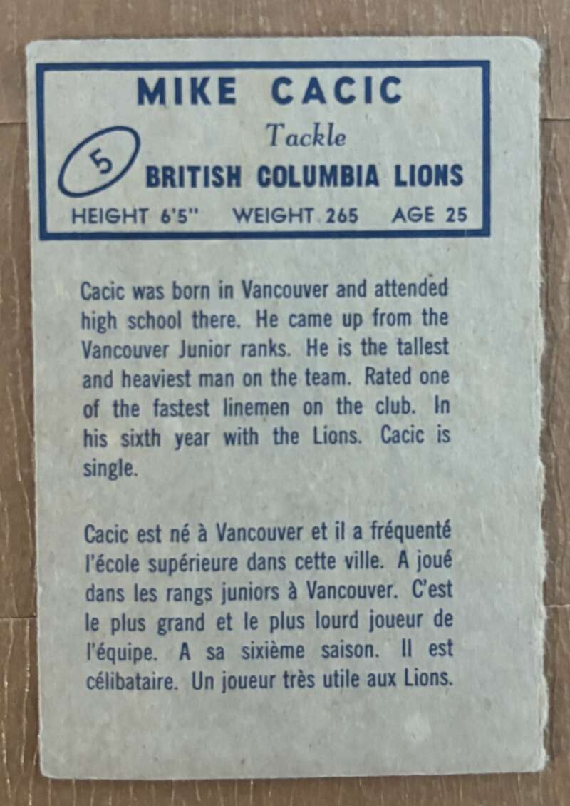 1962 Topps CFL #5 Mike Cacic  British Columbia Lions  V105298 Image 2