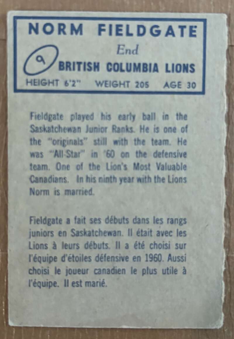 1962 Topps CFL #9 Norm Fieldgate  British Columbia Lions  V105302 Image 2