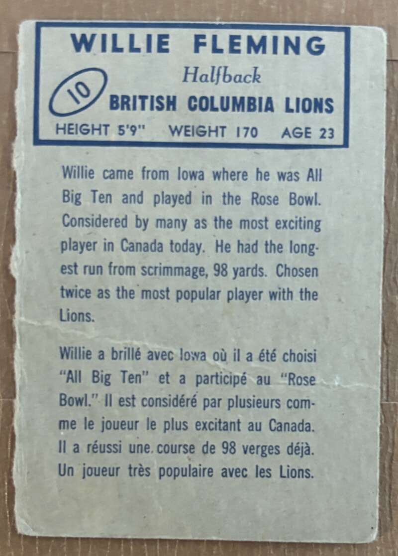 1962 Topps CFL #10 Willie Fleming  British Columbia Lions  V105303 Image 2