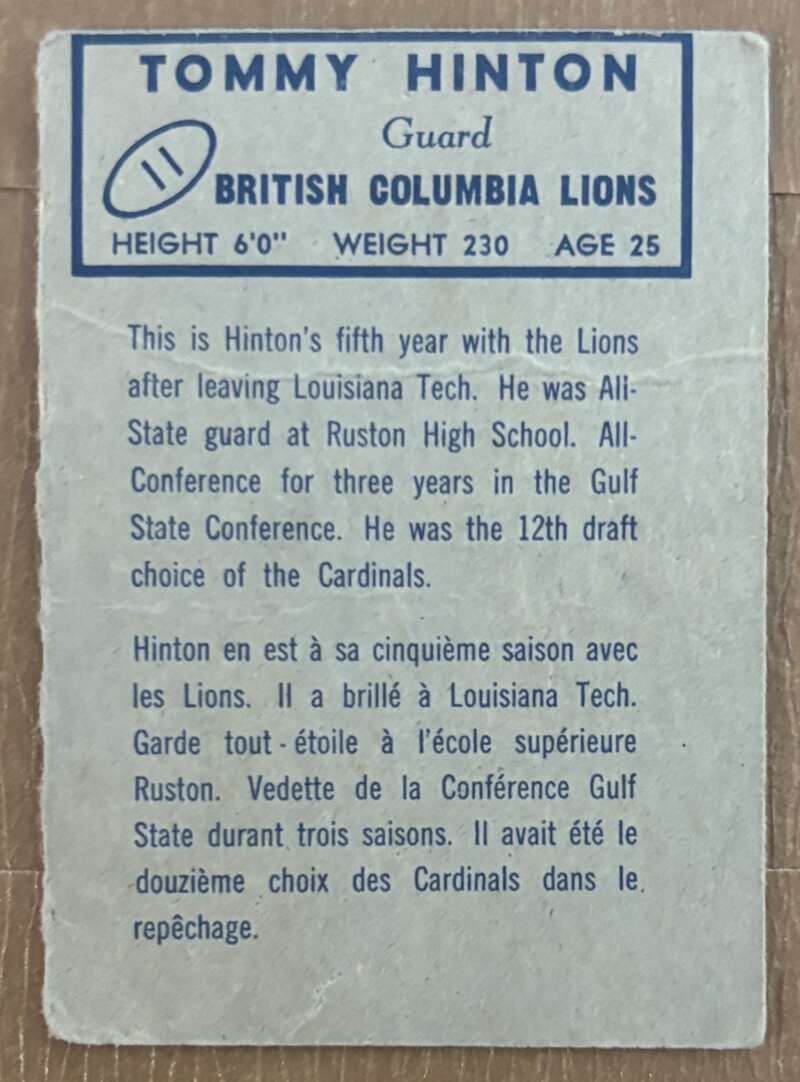 1962 Topps CFL #11 Tom Hinton  British Columbia Lions  V105304 Image 2