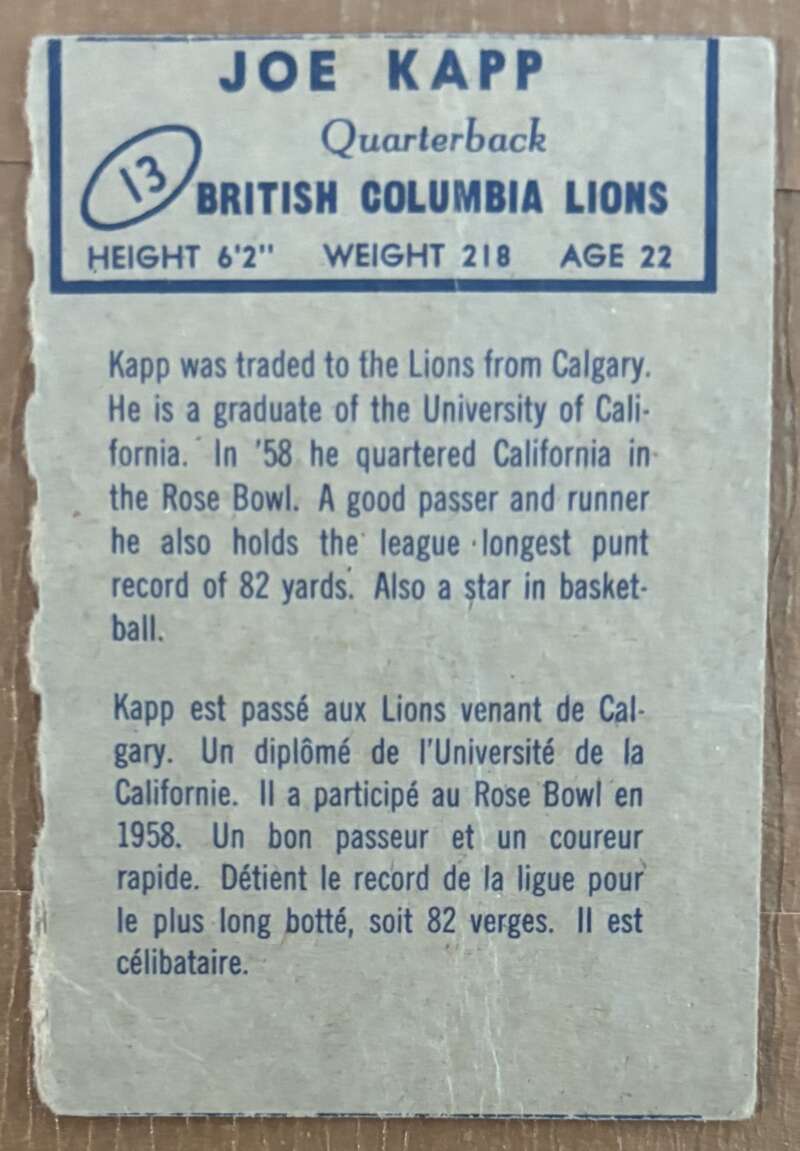 1962 Topps CFL #13 Joe Kapp  British Columbia Lions  V105305 Image 2