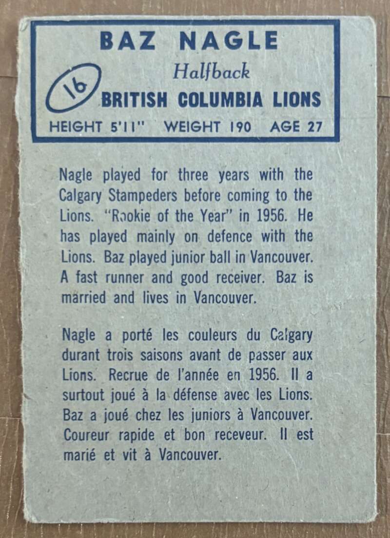 1962 Topps CFL #16 Baz Nagle  British Columbia Lions  V105307 Image 2