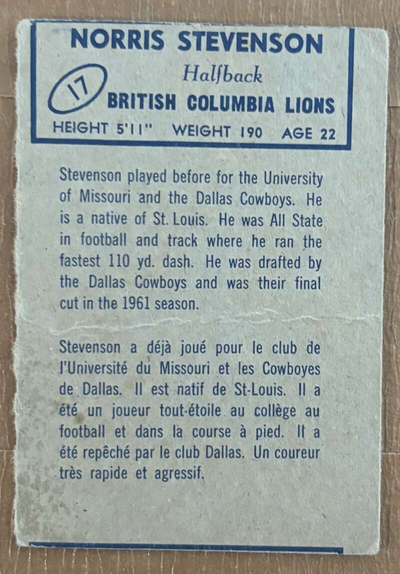 1962 Topps CFL #17 Norris Stevenson  RC Rookie BC Lions  V105308 Image 2