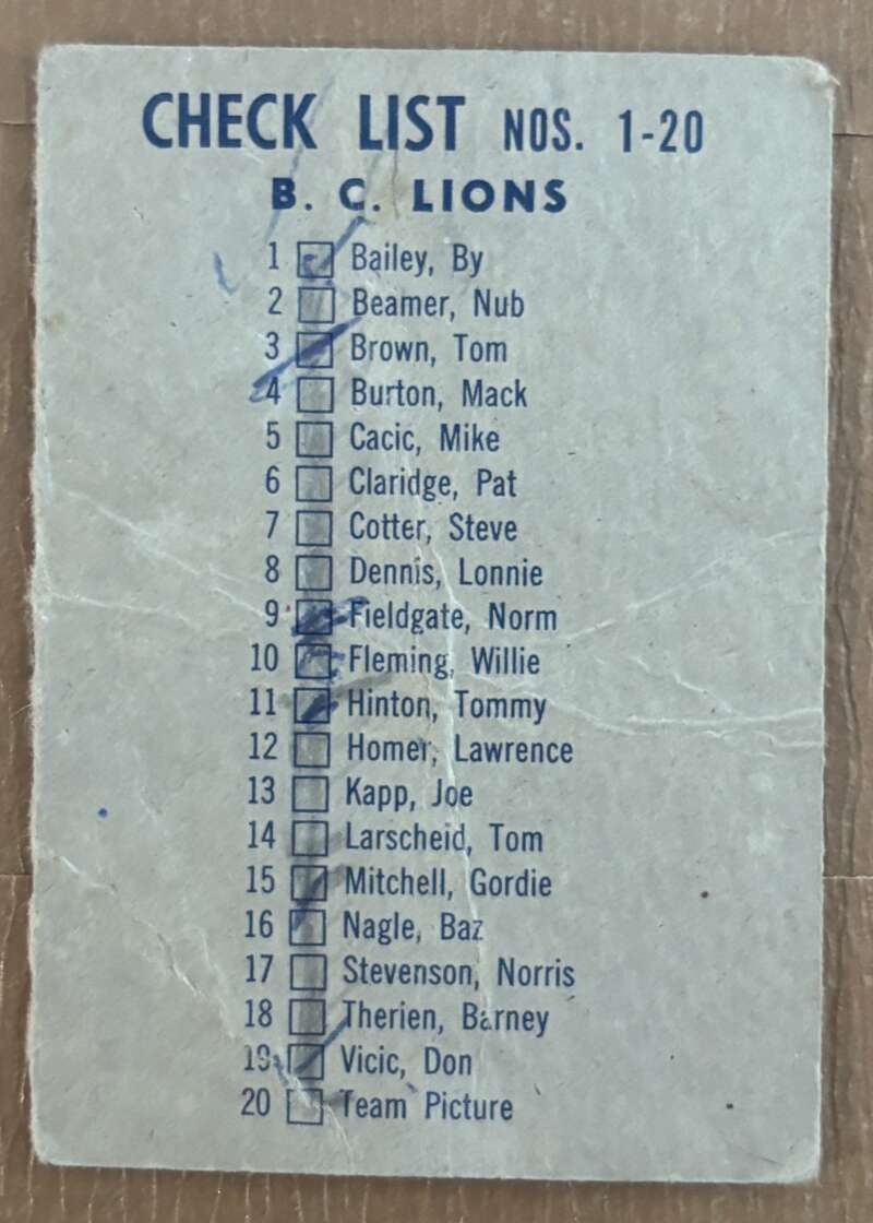 1962 Topps CFL #20 British Columbia Lions  British Columbia Lions  V105309 Image 2