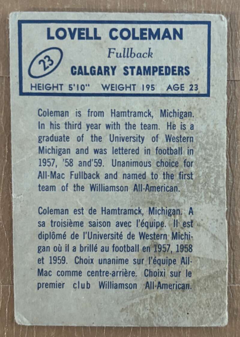 1962 Topps CFL #23 Lovell Coleman  RC Rookie Calgary Stampeders  V105310 Image 2