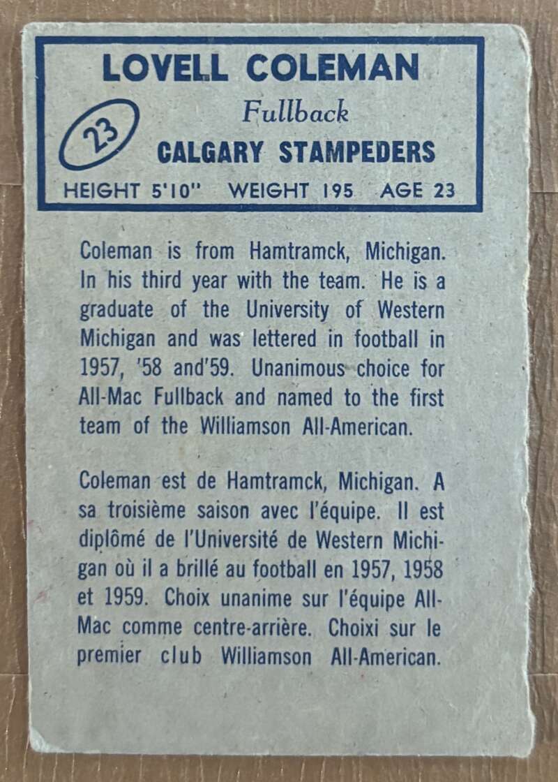 1962 Topps CFL #23 Lovell Coleman  RC Rookie Calgary Stampeders  V105311 Image 2