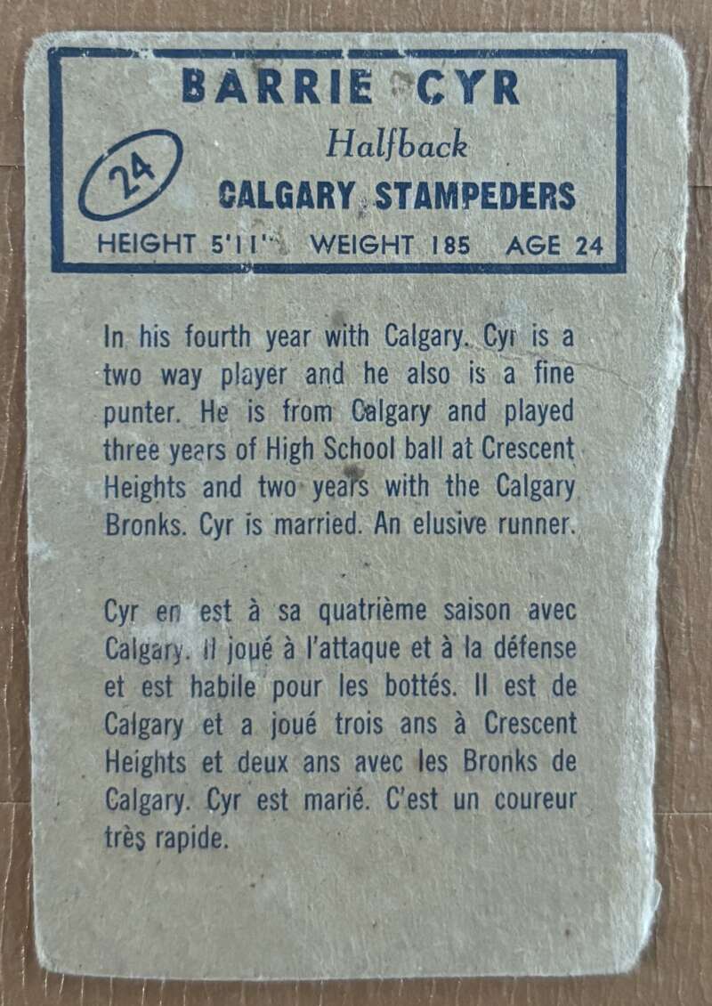 1962 Topps CFL #24 Barrie Cyr  RC Rookie Calgary Stampeders  V105312 Image 2