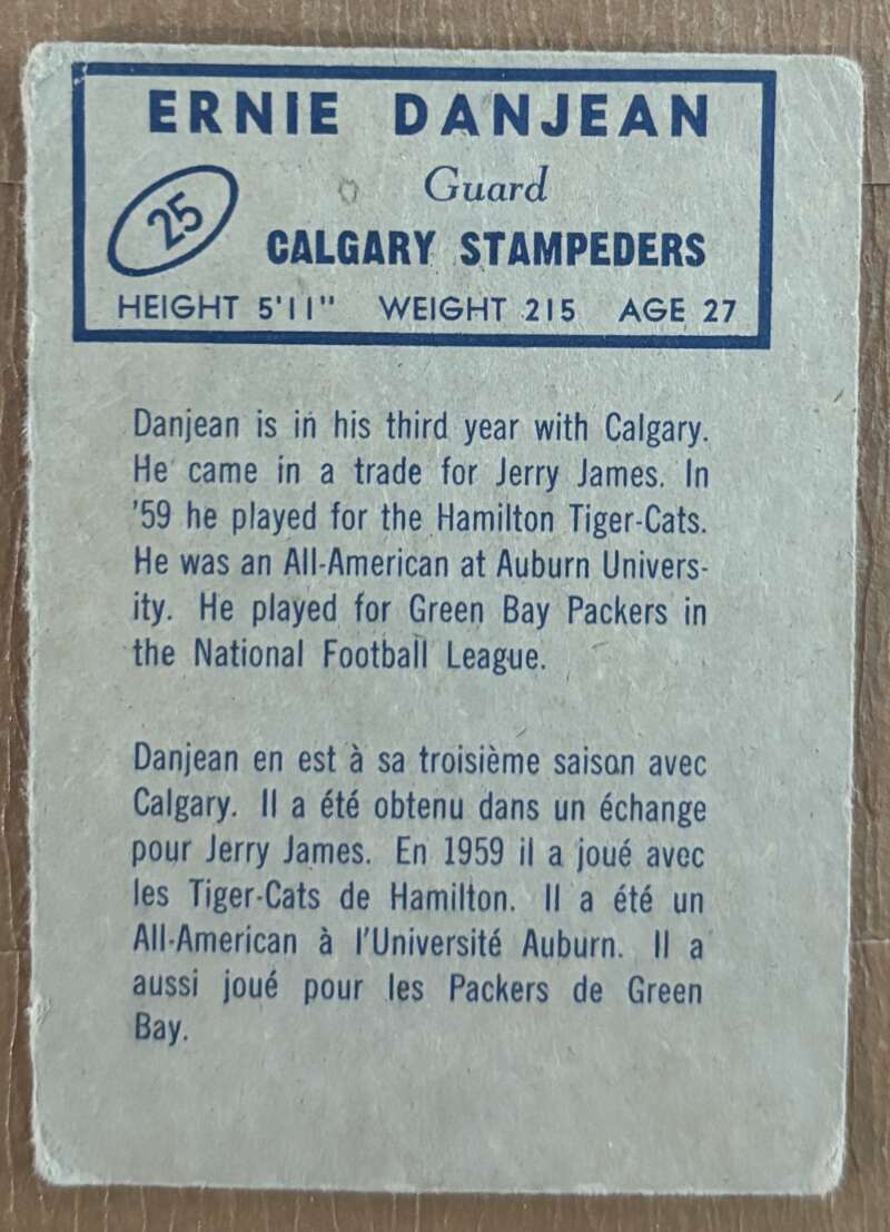 1962 Topps CFL #25 Ernie Danjean  RC Rookie Calgary Stampeders  V105313 Image 2