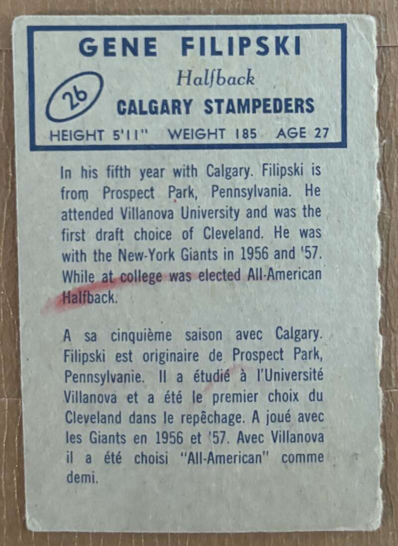 1962 Topps CFL #26 Gene Filipski  Calgary Stampeders  V105314 Image 2