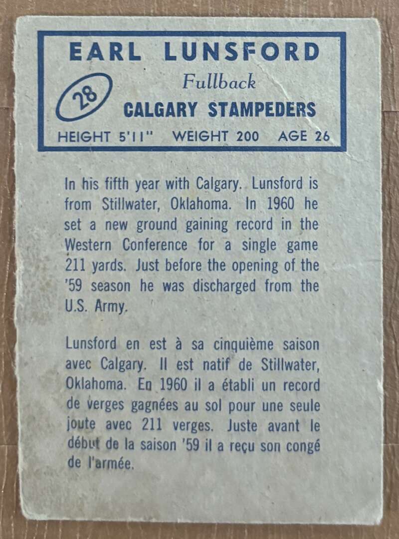1962 Topps CFL #28 Earl Lunsford  Calgary Stampeders  V105315 Image 2