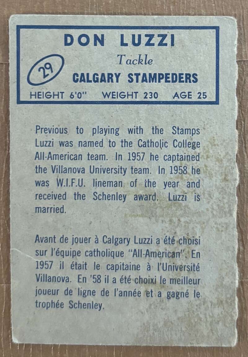 1962 Topps CFL #29 Don Luzzi  Calgary Stampeders  V105316 Image 2