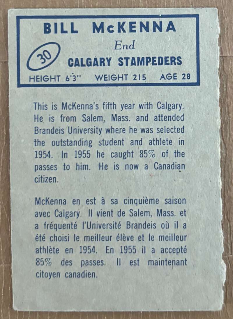 1962 Topps CFL #30 Bill McKenna  Calgary Stampeders  V105317 Image 2