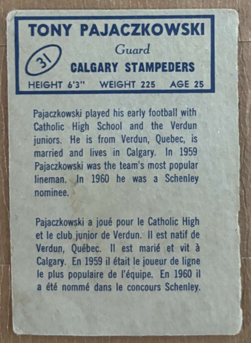 1962 Topps CFL #31 Tony Pajaczkowski  Calgary Stampeders  V105318 Image 2