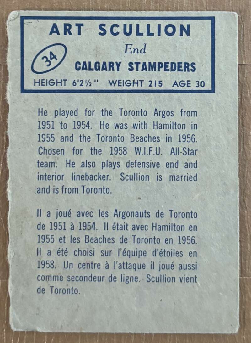 1962 Topps CFL #34 Art Scullion  Calgary Stampeders  V105320 Image 2