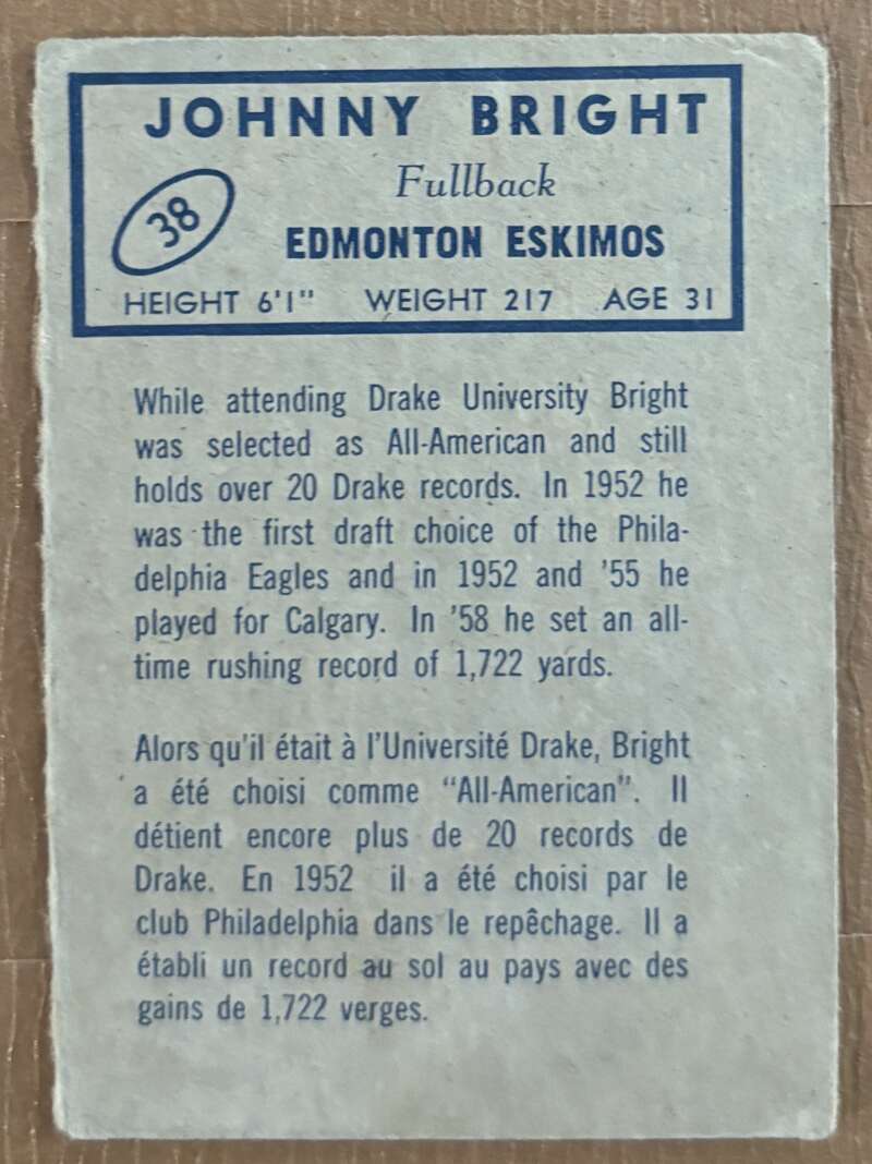 1962 Topps CFL #38 John Bright  Edmonton Eskimos  V105322 Image 2