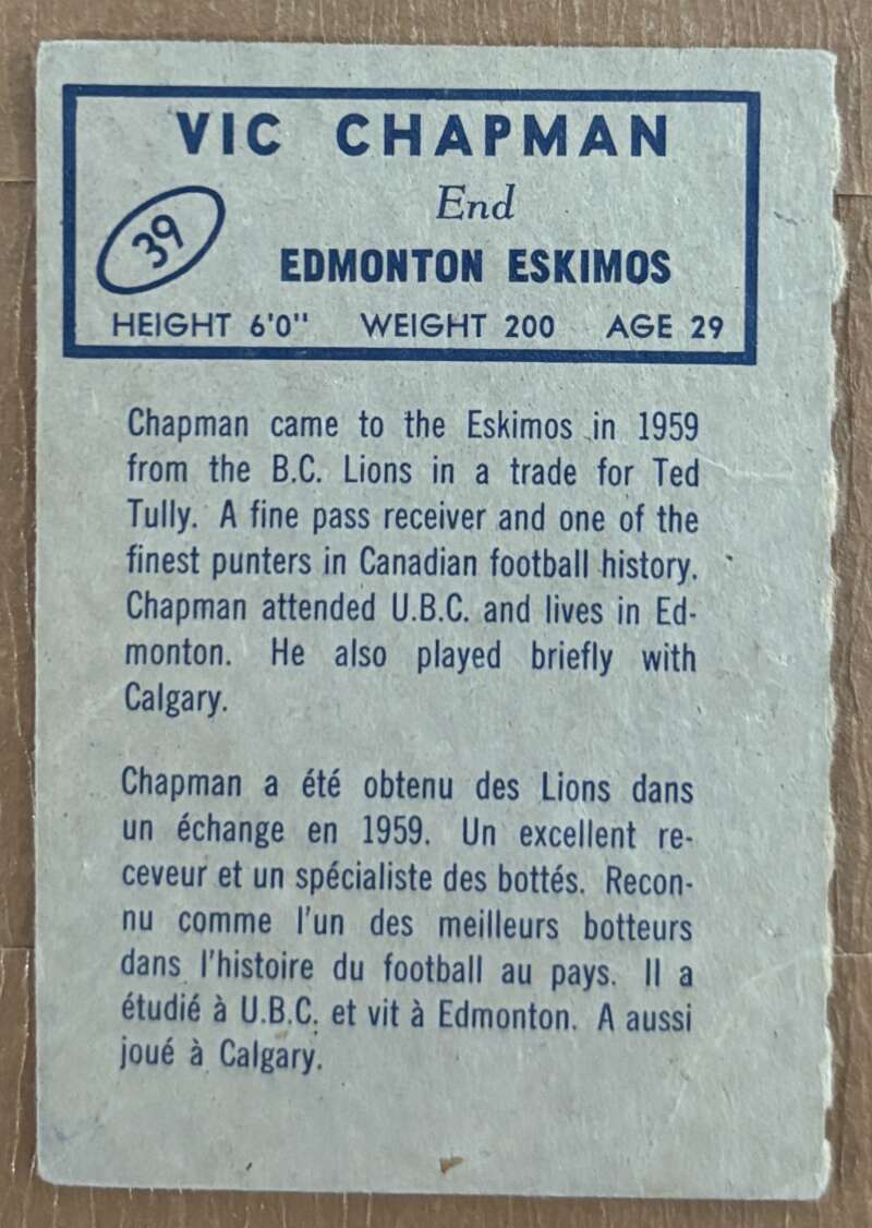 1962 Topps CFL #39 Vic Chapman  Edmonton Eskimos  V105324 Image 2