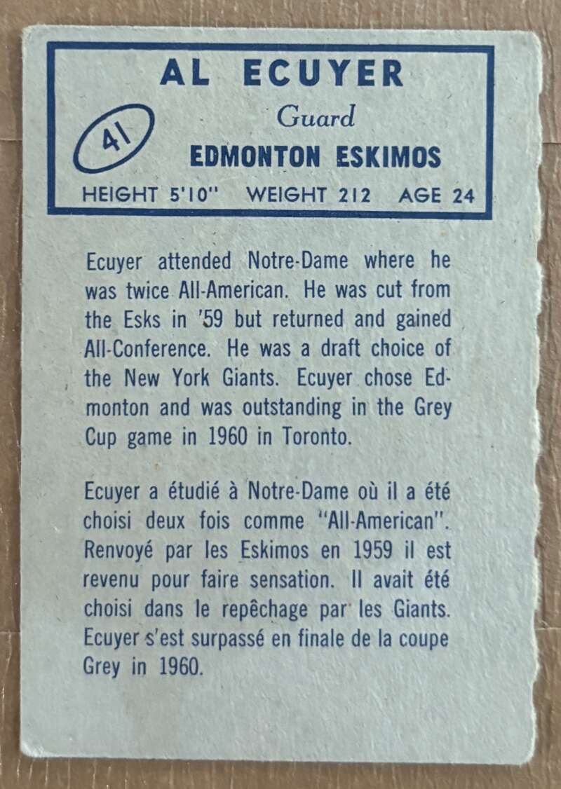 1962 Topps CFL #41 Al Ecuyer  RC Rookie Edmonton Eskimos  V105326 Image 2