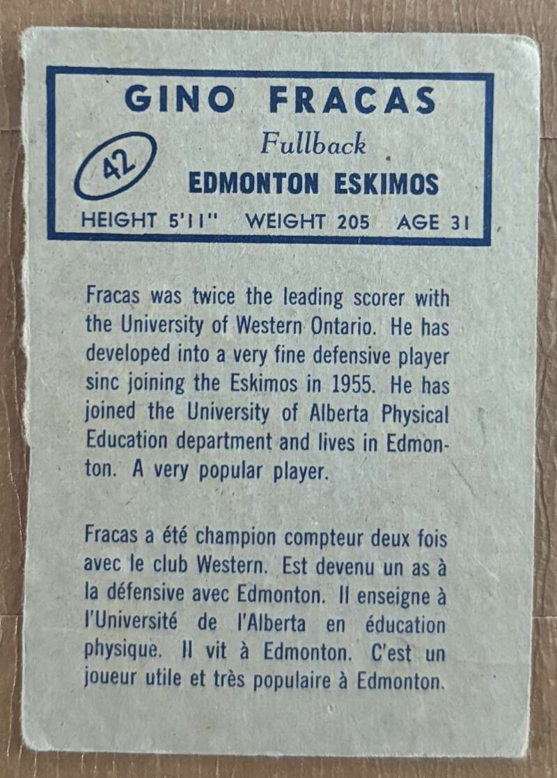 1962 Topps CFL #42 Gino Fracas  Edmonton Eskimos  V105327 Image 2