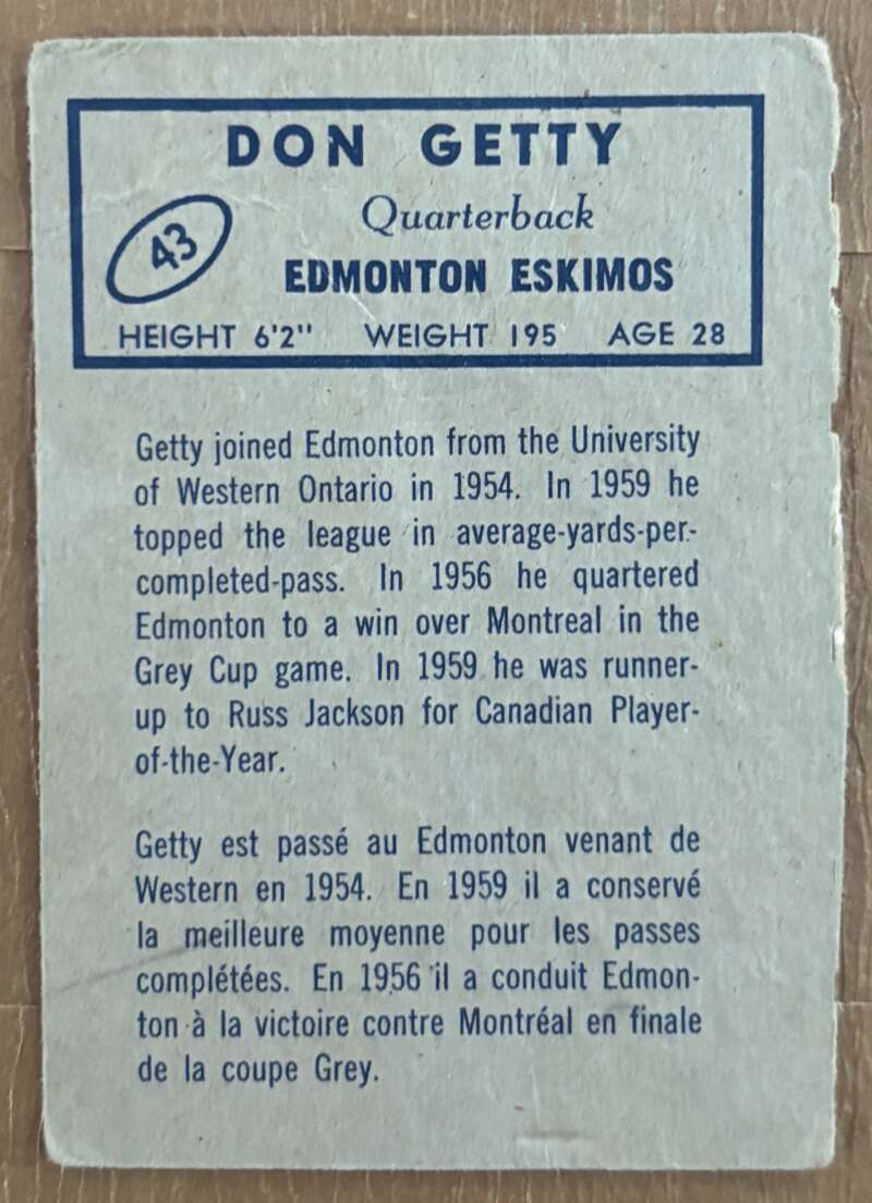 1962 Topps CFL #43 Don Getty  Edmonton Eskimos  V105328 Image 2