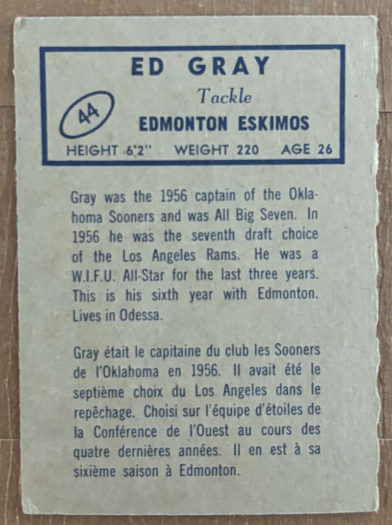 1962 Topps CFL #44 Ed Gray  Edmonton Eskimos  V105329 Image 2