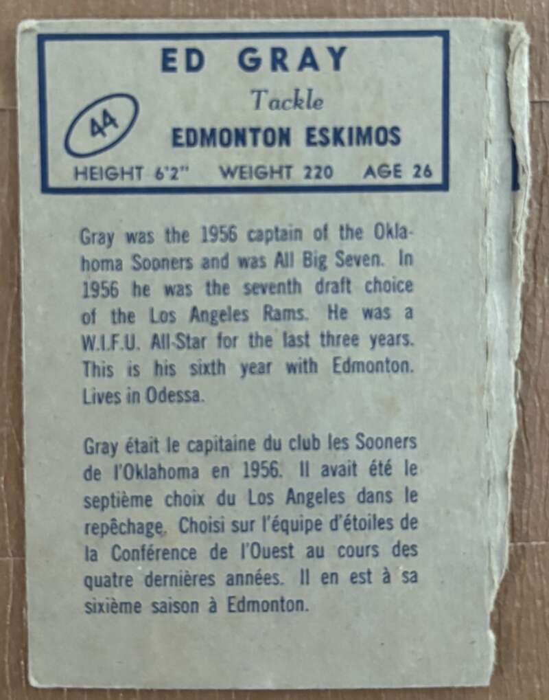 1962 Topps CFL #44 Ed Gray  Edmonton Eskimos  V105330 Image 2
