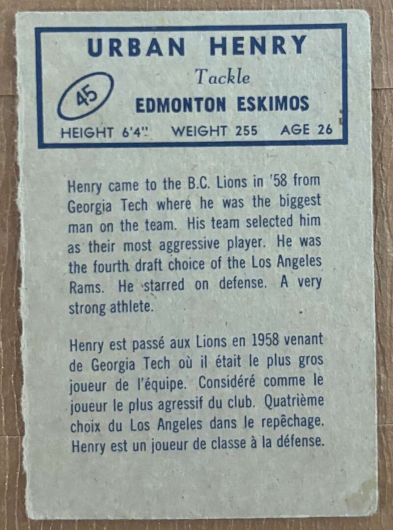 1962 Topps CFL #45 Urban Henry  Edmonton Eskimos  V105331 Image 2