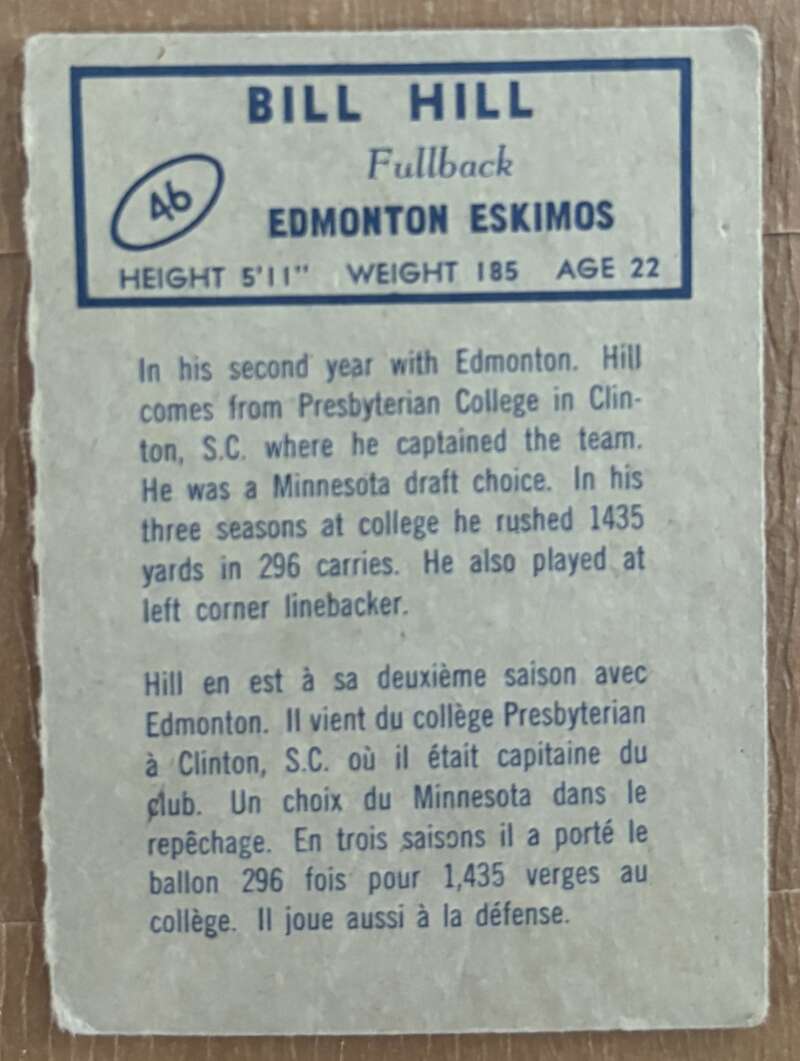 1962 Topps CFL #46 Bill Hill  RC Rookie Edmonton Eskimos  V105332 Image 2