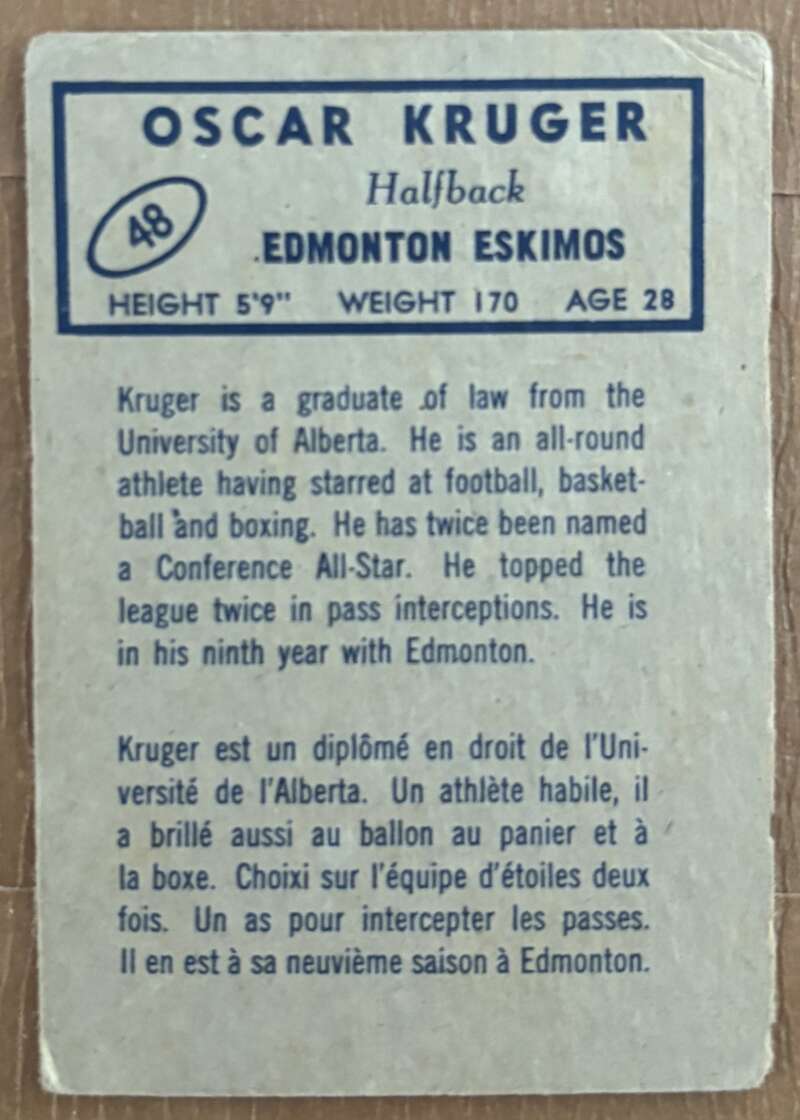 1962 Topps CFL #48 Oscar Kruger  Edmonton Eskimos  V105334 Image 2