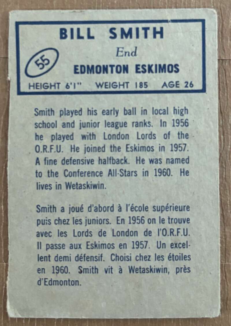 1962 Topps CFL #55 Bill Smith  RC Rookie Edmonton Eskimos  V105339 Image 2
