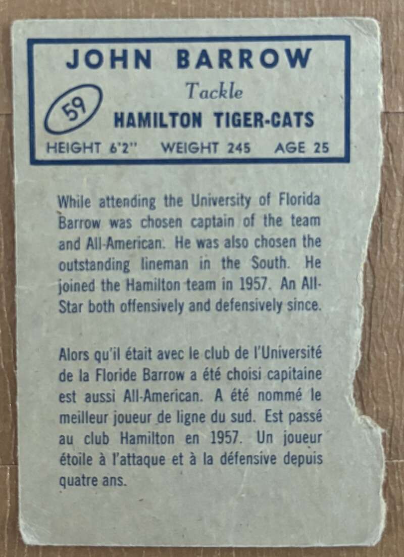 1962 Topps CFL #59 John Barrow  Hamilton Tiger-Cats  V105340 Image 2