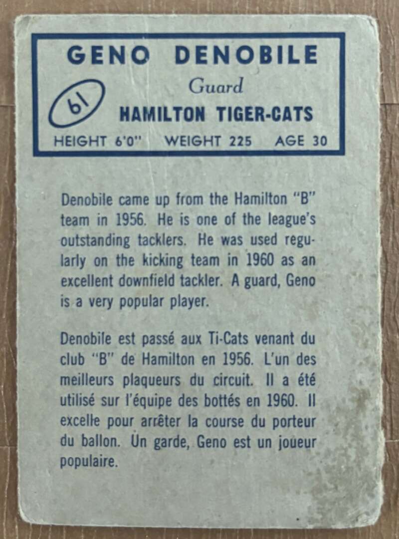1962 Topps CFL #61 Geno DeNobile  RC Rookie Hamilton Tiger-Cats  V105341 Image 2