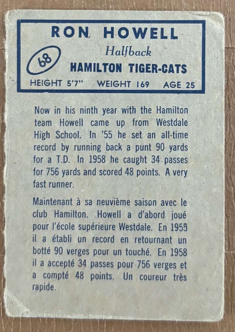 1962 Topps CFL #68 Ron Howell  Hamilton Tiger-Cats  V105344 Image 2
