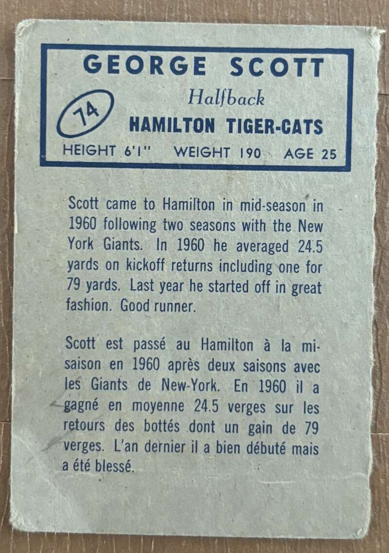 1962 Topps CFL #74 George Scott  RC Rookie Hamilton Tiger-Cats  V105345 Image 2