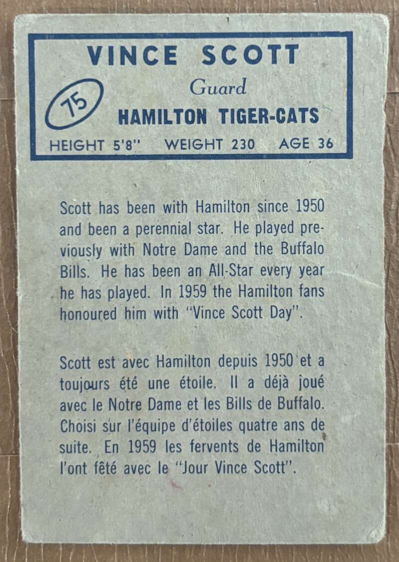 1962 Topps CFL #75 Vince Scott  Hamilton Tiger-Cats  V105346 Image 2