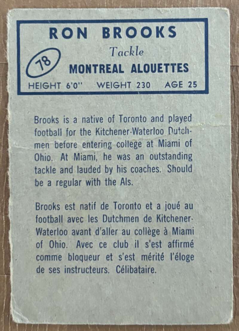 1962 Topps CFL #78 Ron Brooks  RC Rookie Montreal Alouettes  V105348 Image 2